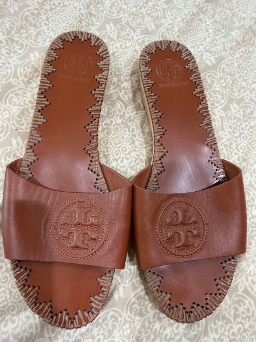Tory Burch Cognac Leather Slide Sandals with Logo Medallion